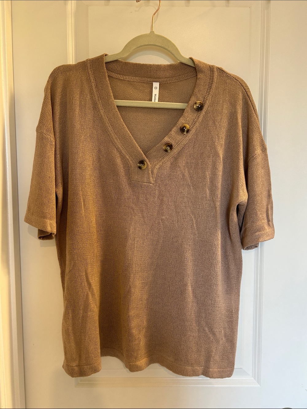 Wishlist Taupe Short-Sleeve V-Neck Polo with Button Detail